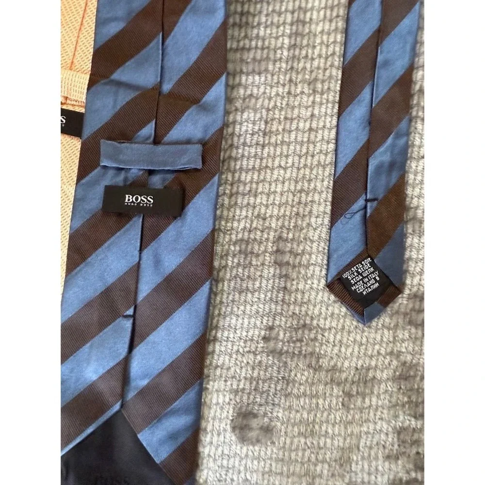 Hugo Boss Silk‎ Tie Lot 2 Peach Textured Blue Black Striped Mens Neckties Italy
